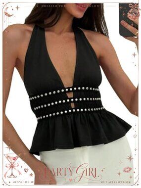 Women's Halter Neck Peplum Top Ruffle Flare Studded Clubwear